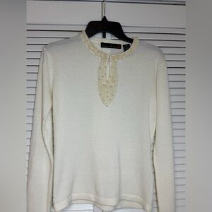 Allison Brittney Ivory Pearl-Embellished Knit Top